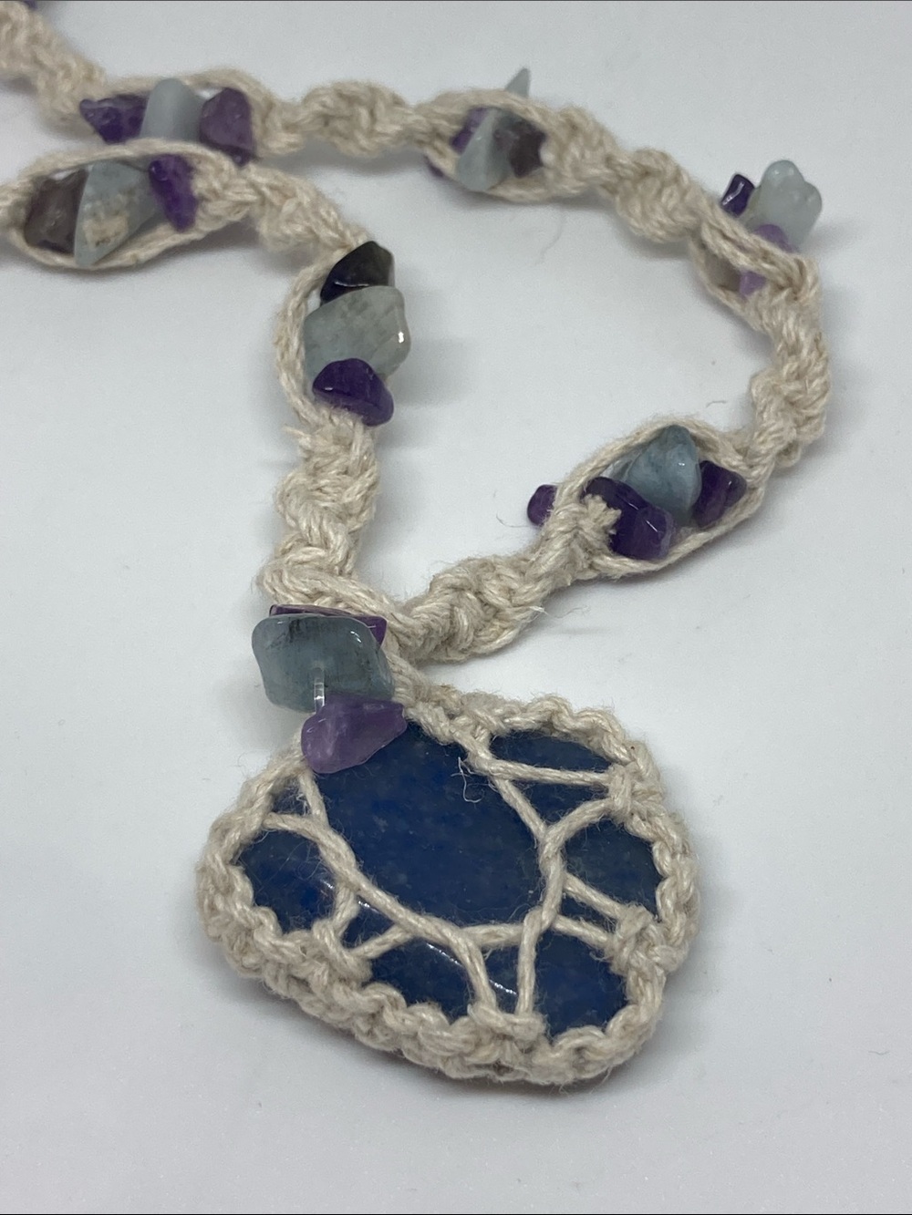 Handmade Blue Stone Macrame Necklace with Amethyst Accents